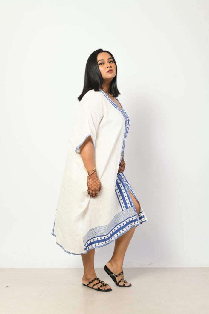 Raya – Pure Linen White and Blue Kaftan