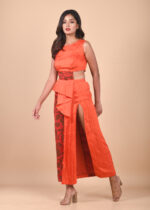 Orange & Red Pleated  Printed Dress