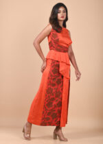 Orange & Red Pleated  Printed Dress